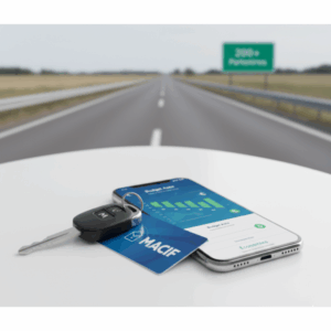 Avantage Macif auto : clé de voiture, smartphone avec application de budget, carte Macif sur un fond de route pour symboliser les économies sur les frais de conduite.